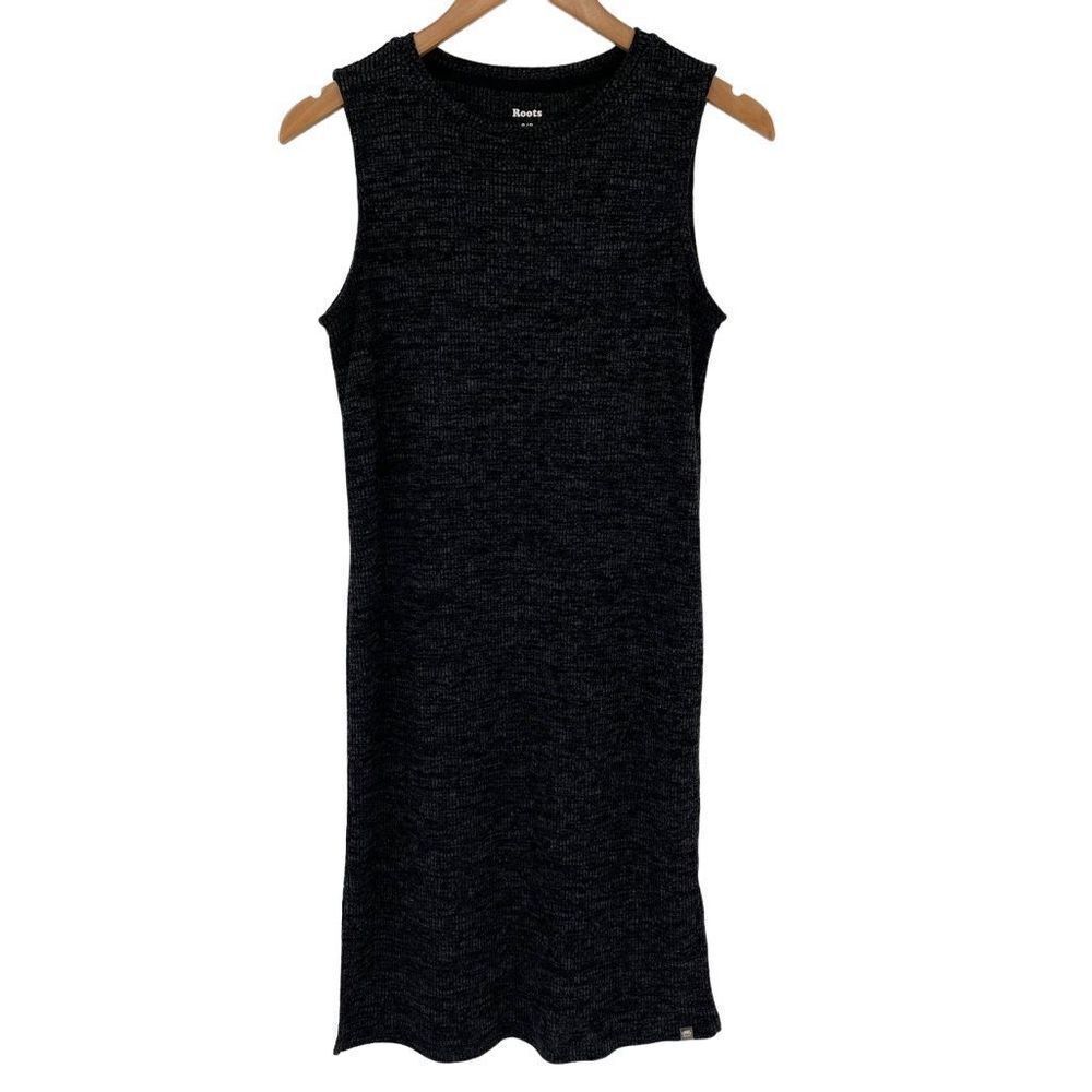 Roots Sleeveless Ribbed Knit Sheath Dress Knee Length Women Small Black Gray
